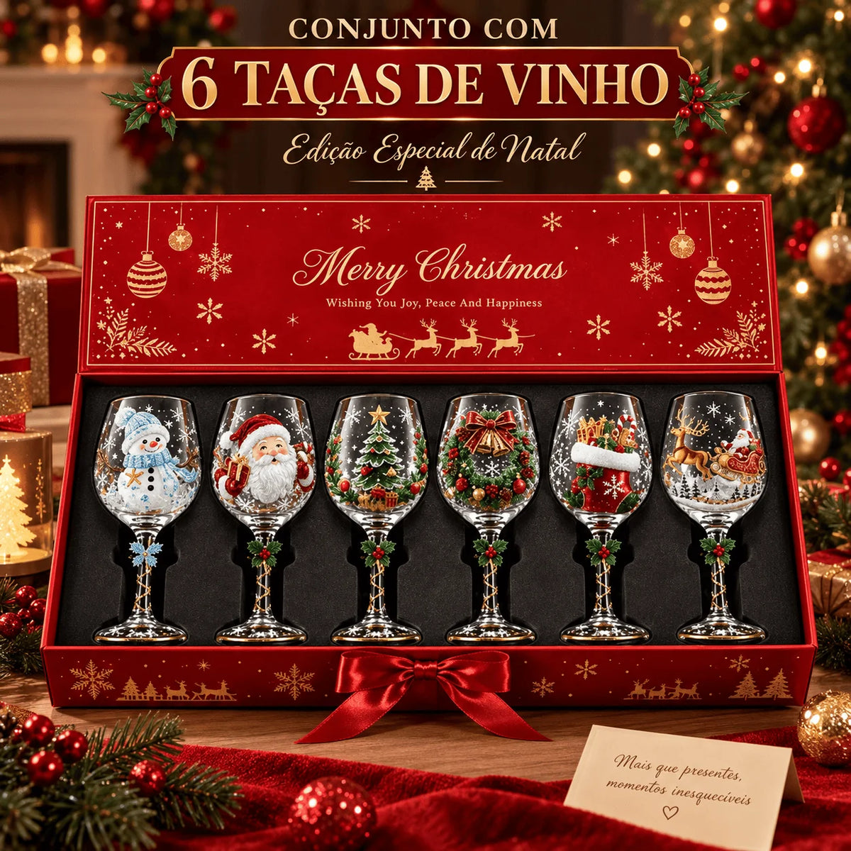 Conjunto de 6 Taças de Vinho Especial de Natal | Taças de Vidro 3D Natalinas