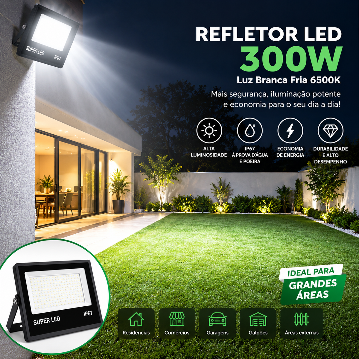 Refletor LED 300W Super LED IP67 – Luz Branca Fria 6500K | Oferta Especial Enquanto Durar o Estoque
