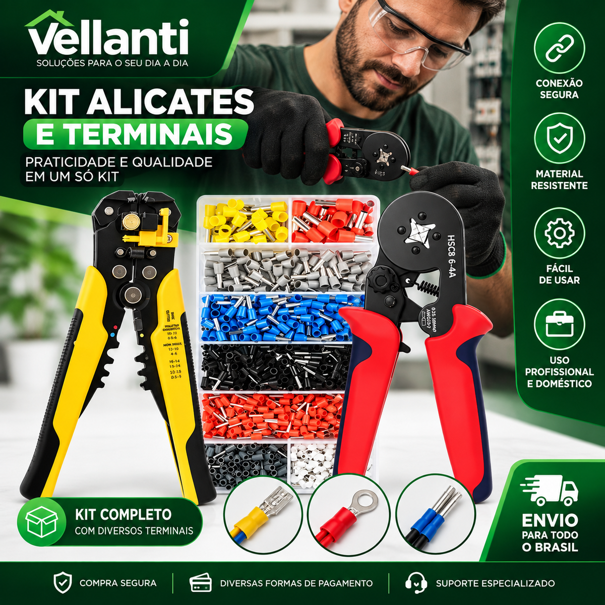 Kit Alicate Decapador e Crimpador de Terminais Profissional + 1200 Terminais Ilhós Tubular