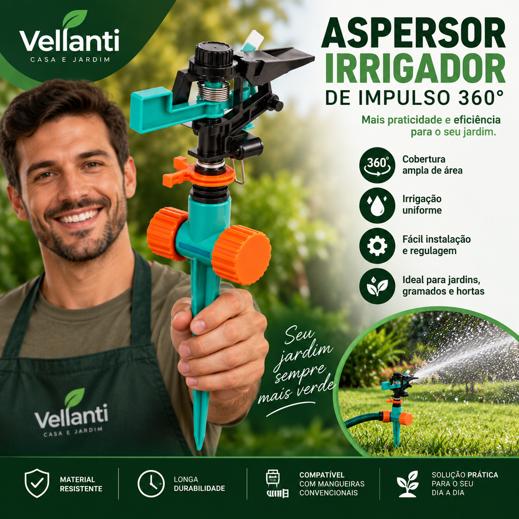 Aspersor Irrigador de Impulso 360° para Jardim e Gramado