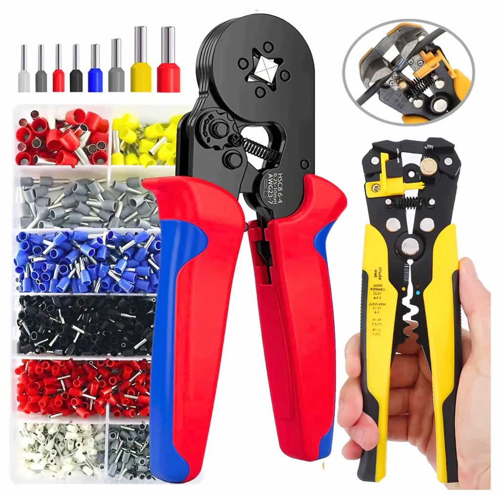 Kit Alicate Decapador e Crimpador de Terminais Profissional + 1200 Terminais Ilhós Tubular