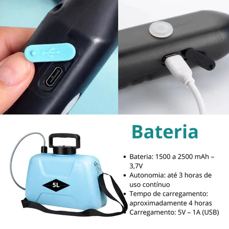 Pulverizador Elétrico 5L - Costal Lateral com Bomba para Jardinagem e Agricultura