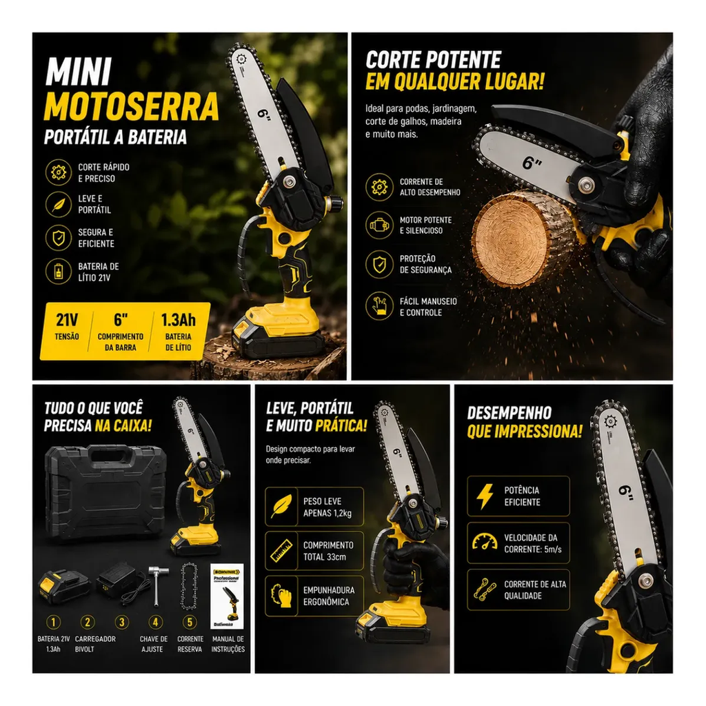 Mini Motosserra Elétrica Sem Fio 6 Polegadas 21v + Brinde Hoje (2 Baterias e Maleta)