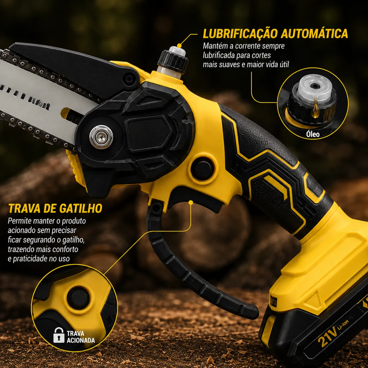 Mini Motosserra Elétrica Sem Fio 6 Polegadas 21v + Brinde Hoje (2 Baterias e Maleta)