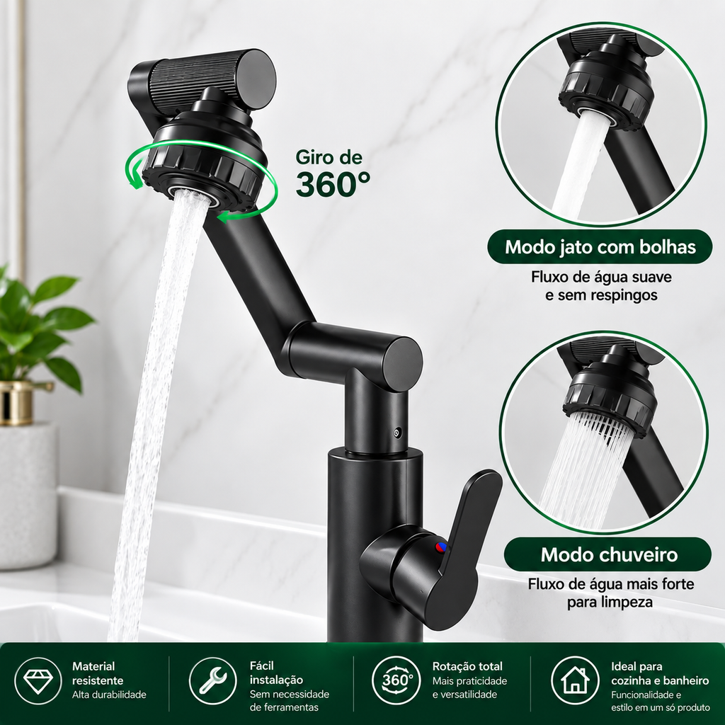 Torneira Giratória 1080° Robótica - Para Pia de Cozinha e Banheiro com Sistema Antirrespingos