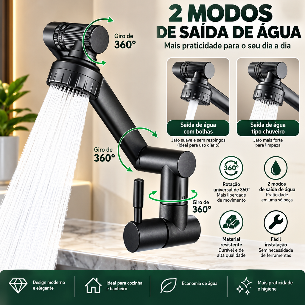 Torneira Giratória 1080° Robótica - Para Pia de Cozinha e Banheiro com Sistema Antirrespingos
