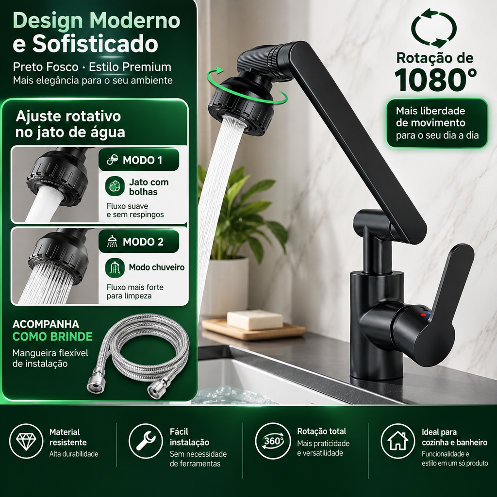 Torneira Giratória 1080° Robótica - Para Pia de Cozinha e Banheiro com Sistema Antirrespingos